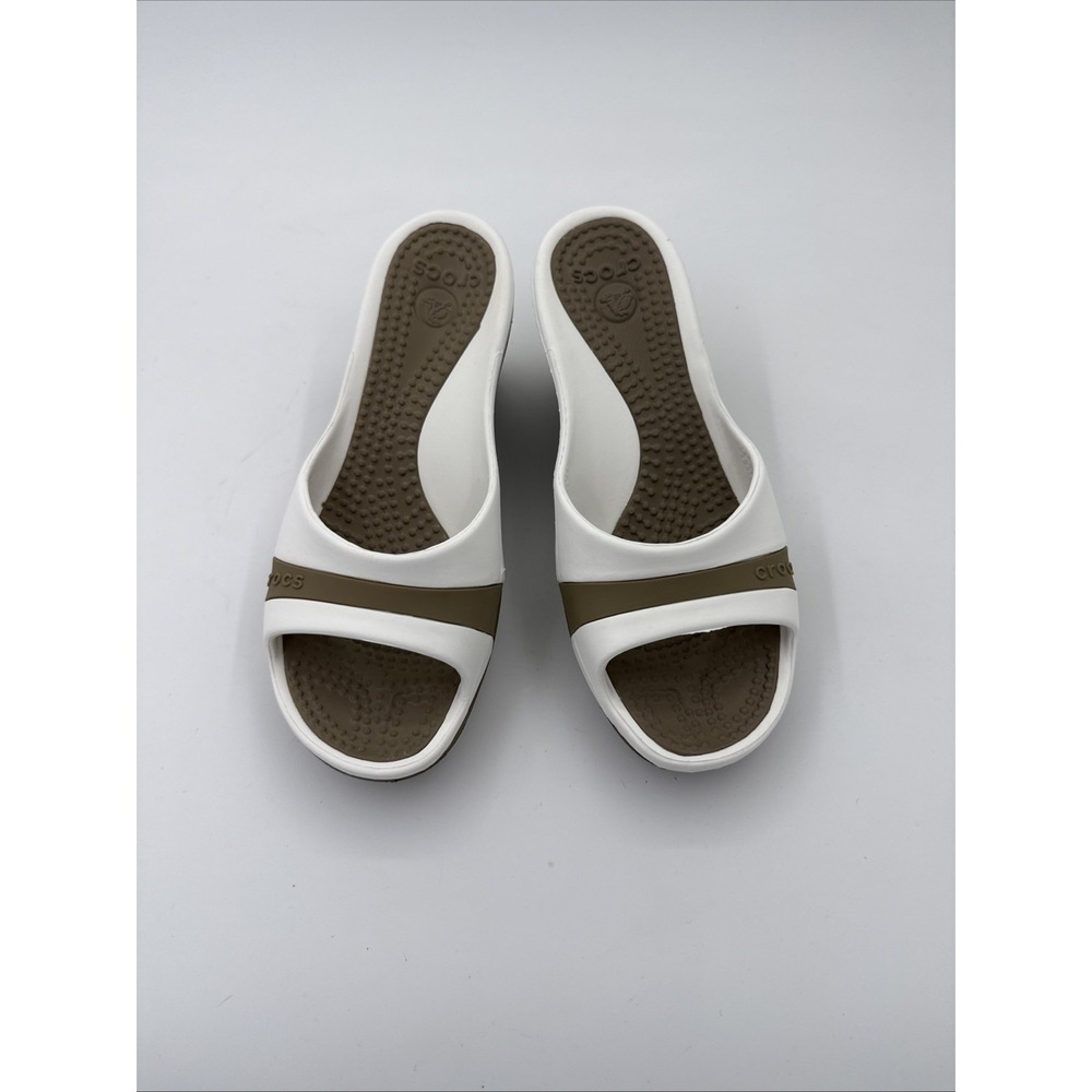 Crocs Sassari White Brown Open Toe Platform Wedge Slide Sandals Women's Size 7